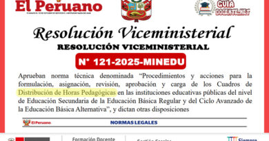 MINEDU.- Aprueban norma técnica denominada «Procedimientos y acciones para la formulación, asignación, revisión, aprobación y carga de los Cuadros de Distribución de Horas Pedagógicas en las instituciones educativas públicas del nivel de Educación Secundaria de la Educación Básica Regular y del Ciclo Avanzado de la Educación Básica Alternativa» Resolución Viceministerial N° 121-2025-MINEDU: Procedimientos para la Formulación y Asignación de Horas Pedagógicas en Educación Secundaria