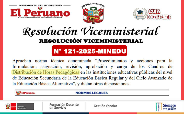 MINEDU.- Aprueban norma técnica denominada «Procedimientos y acciones para la formulación, asignación, revisión, aprobación y carga de los Cuadros de Distribución de Horas Pedagógicas en las instituciones educativas públicas del nivel de Educación Secundaria de la Educación Básica Regular y del Ciclo Avanzado de la Educación Básica Alternativa» Resolución Viceministerial N° 121-2025-MINEDU: Procedimientos para la Formulación y Asignación de Horas Pedagógicas en Educación Secundaria